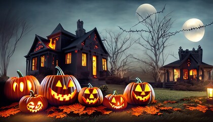 Halloween pumpkins and decorations outside a house. Night view of a house with halloween decoration, digital ai