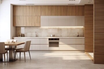 This cozy kitchen with its bright, inviting wall design, modern furniture, and warm flooring, invites you to enjoy a home-cooked meal surrounded by family and friends at the inviting table