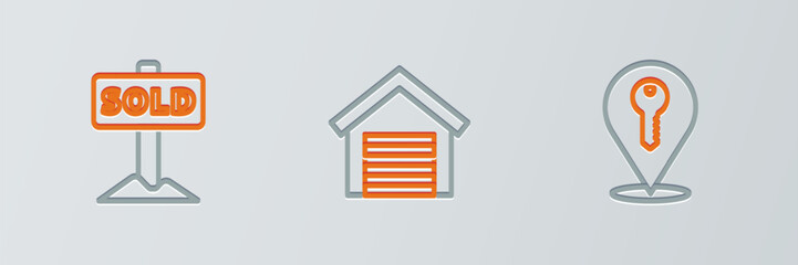 Set line Location key, Hanging sign with text Sold and Garage icon. Vector