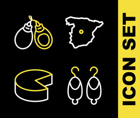 Set line Map of Spain, Earrings, Cheese and Castanets icon. Vector