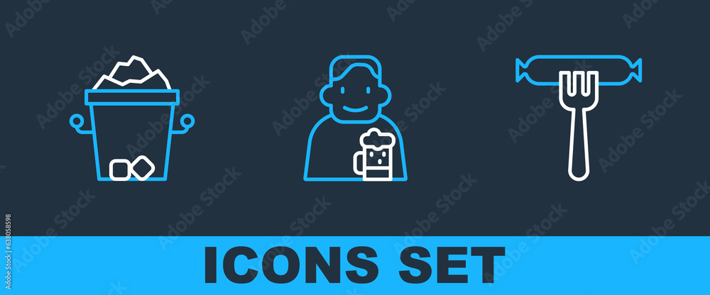 Sticker Set line Sausage on the fork, Ice bucket and Happy man with beer icon. Vector