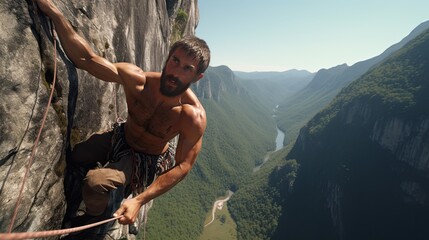 A young man shirtless rock climber who makes a difficult climb against the backdrop of a picturesque green valley. The concept of motivation for an active summer holiday. A guy with a muscular torso.