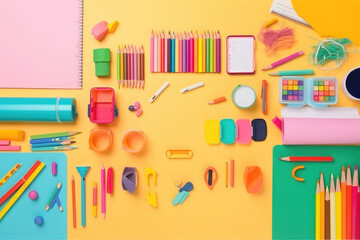 Fototapeta na wymiar School supplies on minimalism background, top wie . Back to school concept place for text. Pink orange and yellow colors. Generative AI.