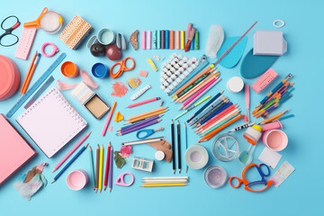 School supplies on minimalism background, top wie . Back to school concept place for text. Generative AI. - obrazy, fototapety, plakaty