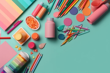 School supplies on minimalism background, top wie . Back to school concept place for text. Generative AI. - obrazy, fototapety, plakaty