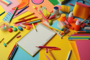 School supplies on minimalism background, top wie . Back to school concept place for text. Pink orange and yellow colors. Generative AI. - obrazy, fototapety, plakaty