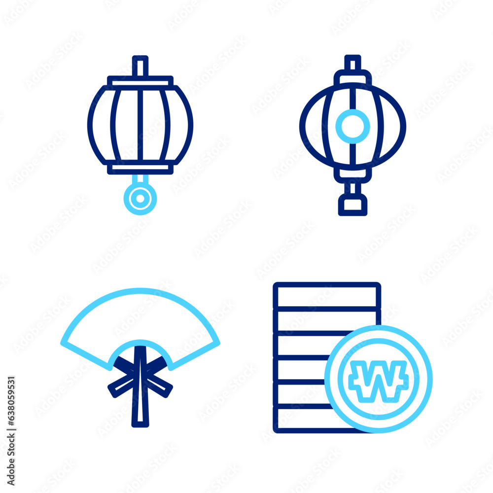 Sticker Set line South Korean won coin, Traditional fan, lantern and icon. Vector