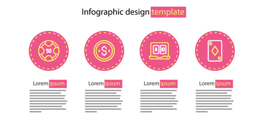 Set line Online poker table game, Playing card with diamonds, Coin money dollar and Casino chips icon. Vector