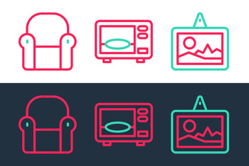 Set line Picture, Armchair and Microwave oven icon. Vector