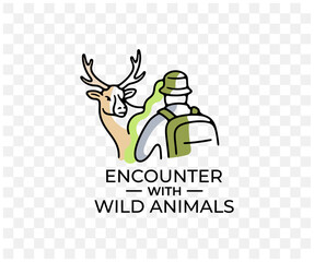Encounter with wild animals in wild nature, colored graphic design. Travel, hiking, adventure, tourist, elk, deer and stag, vector design and illustration