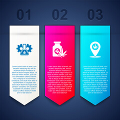 Set Test tube with marijuana, Medical bottle and Location and. Business infographic template. Vector