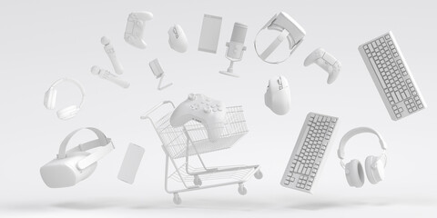Lying gamer gears like mouse, keyboard, joystick, headset, VR in shopping carts © Vasyl Onyskiv
