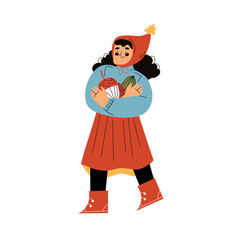 Cute Girl Character Enjoy Autumn Season Hold Acorn Vector Illustration