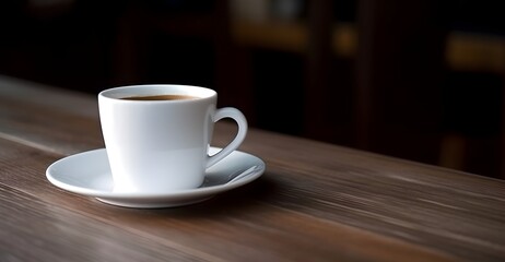 side view of white coffee cup on wood table in cafe(Vintage tone)