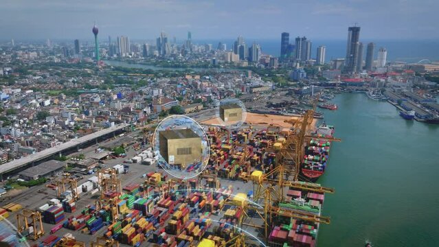 High Angle View Of Logistic Area In Seaport. Tilt Up Reveal Of Cityscape With Modern Residential Towers At Sea Coast. Logistics Theme Visual Effects. Colombo, Sri Lanka