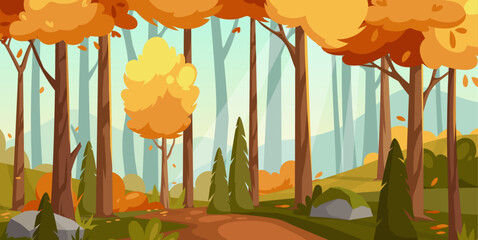 Forest landscape. Vector illustration of forest nature panorama with oak trees, meadow, bushes, dense wood, stone, road and mountains landscape. Cartoon autumn fall forest with place for camping.