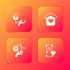 Set Blood donation, Shelter for homeless, Leaf in hand and Donate child toys icon. Vector