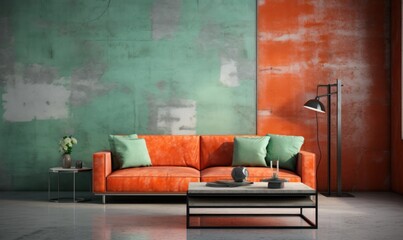This cozy living room radiates with style, featuring an inviting orange couch and coffee table, inviting walls, and a warm ambiance perfect for relaxing with friends and family