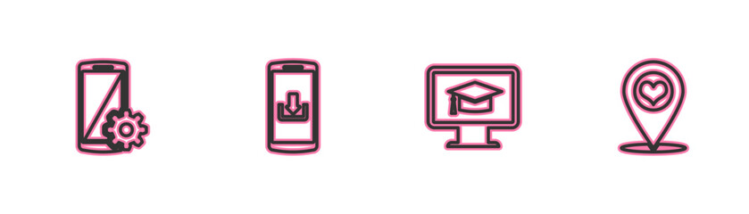 Set line Setting on smartphone, Monitor with graduation cap, Smartphone download and Map pointer heart icon. Vector