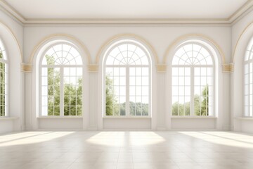 The arched windows in the room provide a sense of symmetry and bring in natural daylighting, illuminating the intricate details of the tile floor, walls, ceiling, and molding fixtures, creating a cap