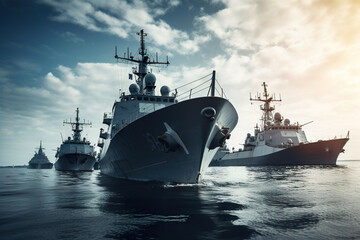Three military ships in the sea.  - obrazy, fototapety, plakaty