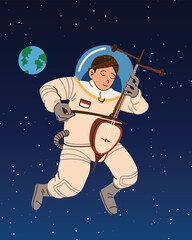 karawitan astronaut playing gamelan music on rebab between galaxy planets stars. Pop art cartoon comic for t-shirt poster print design for kids.