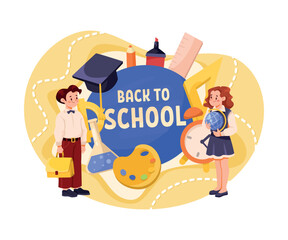 Back to School with Boy and Girl Pupil Characters with Supply Vector Illustration