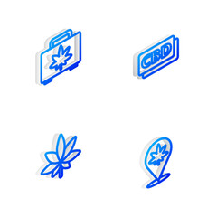 Set Isometric line Cannabis molecule, Shopping box of marijuana, Marijuana or cannabis leaf and Location and icon. Vector
