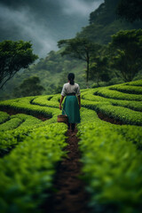 Fototapeta premium a woman picks tea on a plantation in Thailand. view from the back. agricultural work. green leaves on the field.