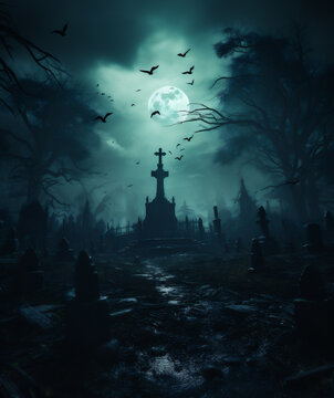 Halloween background with full moon and cemetery