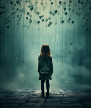 Little girl with flying balloons and foggy backround