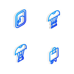 Set Isometric line Box flying on parachute, Airplane window, Parachute and Suitcase icon. Vector
