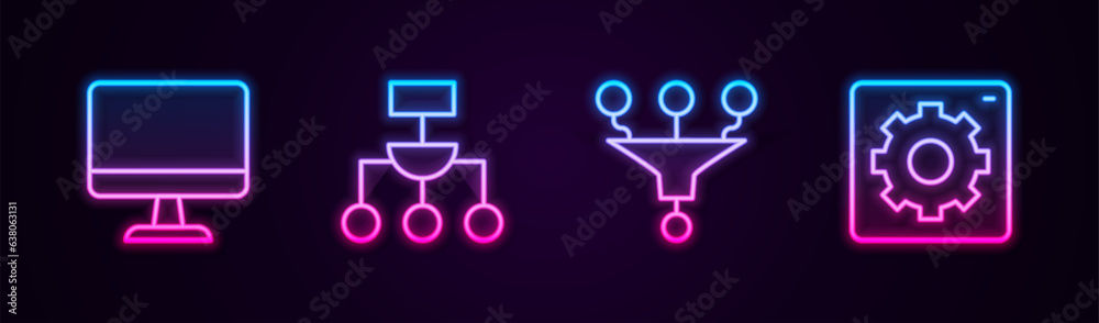 Poster set line computer monitor, algorithm, funnel filter and api interface. glowing neon icon. vector