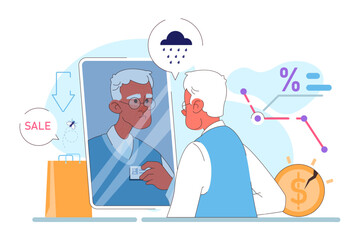 Senior unemployment. Elderly character missing his job after retirement