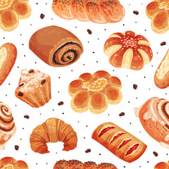 Baked Product Seamless Pattern Design with Sweet Bun and Pastry Vector Template