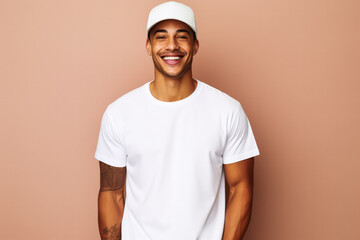 Young man wearing bella canvas white shirt mockup at pastel background  - obrazy, fototapety, plakaty