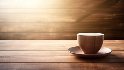 On a wooden table, a saucer with a steaming cup of coffee sits invitingly, beckoning with the promise of a cozy morning and a stimulating dose of caffeine