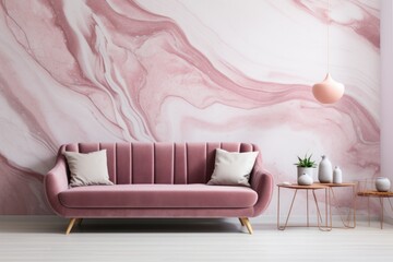 Fototapeta na wymiar A cozy pink loveseat nestled in the corner of a room adorned with vibrant artwork, cushions, and a delicate vase, making it a beautiful and inviting space