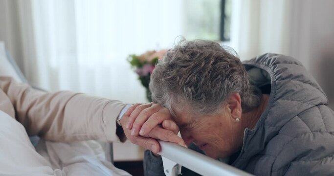 Sick, crying and senior patient, woman or death from cancer, medical or disease on hospital bed in hospice. Grief, emotional pain and elderly person depressed over dead family, old friend or partner