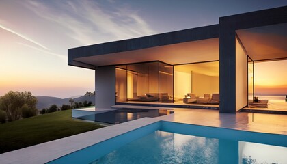 Fototapeta na wymiar Exterior of modern minimalist cubic villa with swimming pool at sunset 2023