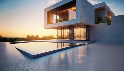 Exterior of modern minimalist cubic villa with swimming pool at sunset 2023