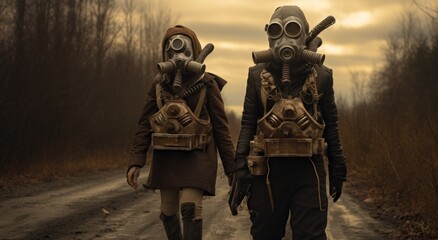 Fototapeta premium Two figures in protective outdoor clothing, their faces concealed behind gas masks, stand hand in hand, an image of strength and solidarity against an unknown threat