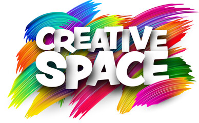 Creative space paper word sign with colorful spectrum paint brush strokes over white. Vector illustration.