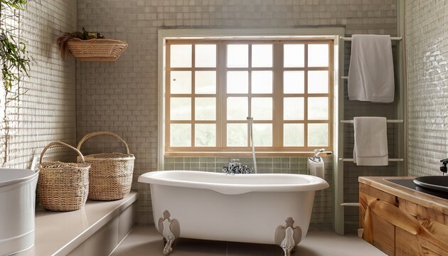 Interior design of Bathroom in Farmhouse style with Clawfoot Tub decorated with Subway Tile, Wicker Basket material. Farmhouse architecture.