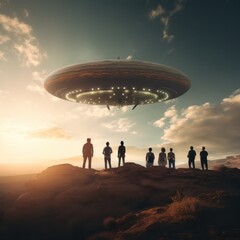 A group of awe-struck individuals stood on a sun-kissed hill, gazing up at a mysterious, otherworldly ufo silhouetted against the bright clouds in the sky