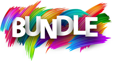 Bundle paper word sign with colorful spectrum paint brush strokes over white. Vector illustration.