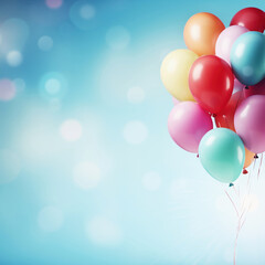 Bunch of colorful balloons on blue bokeh background with copy space