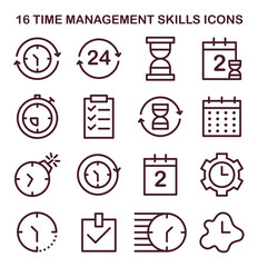 Time management icons set. Character with self-discipline. Planning