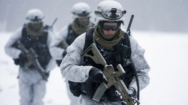Soldiers in winter gear training in snowy conditions