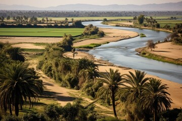 View of river flows next to a farmland and palm trees.